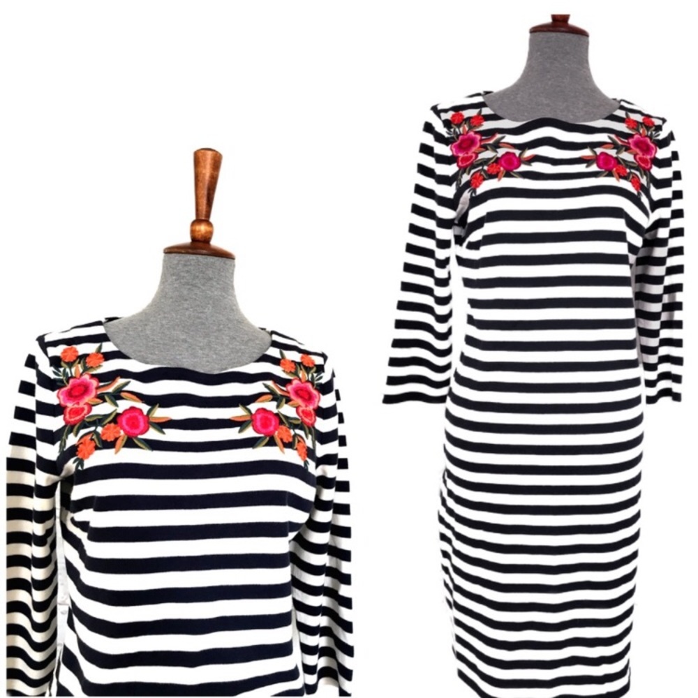 TALBOTS | Floral Embroidered Stripes Shift Dress